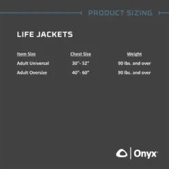 Onyx Universal Adjustable Life Jacket PFD Adult User >90lb